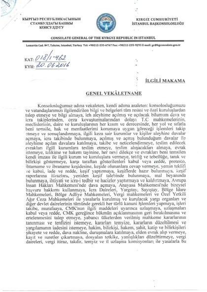 Kırgızistan İstanbul Başkonsolosluğu genel vekaletnamesi, 20.06.2016, KAT 018/1-462, birinci sayfa