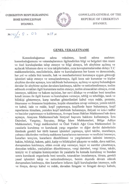 Özbekistan İstanbul Başkonsolosluğu genel vekaletnamesi, 09.03.2017, No 043/171, birinci sayfa